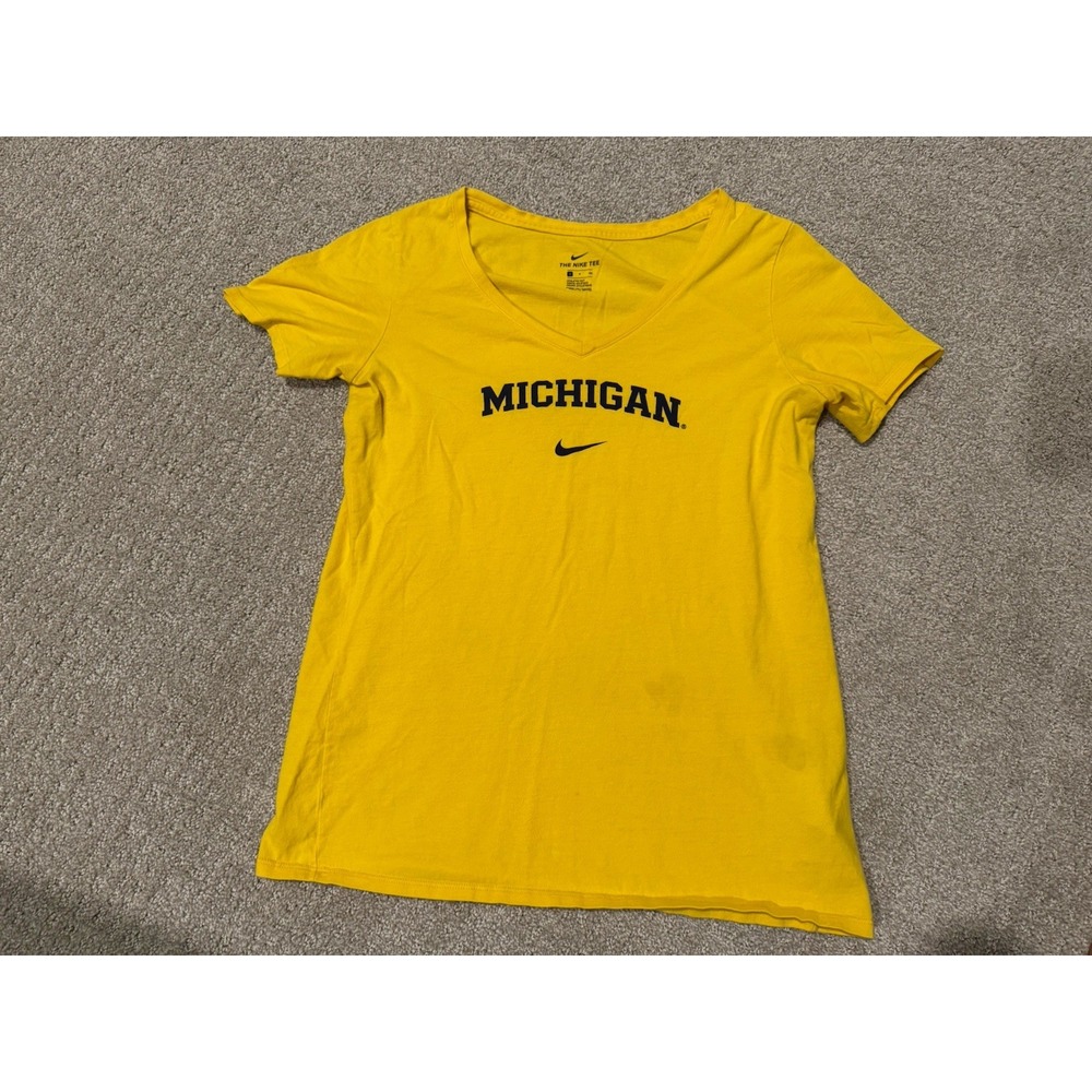 Nike Michigan Wolverines V-Neck T-Shirt Womens Small Yellow Short Sleeve Tee